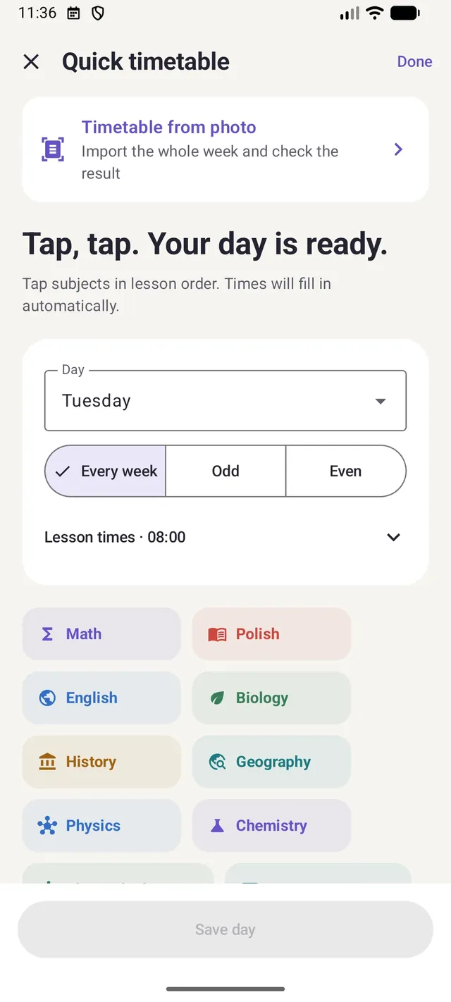 Quick timetable setup in Lekto
