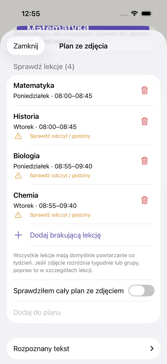 Plan lekcji ze zdjęcia – Lekto
